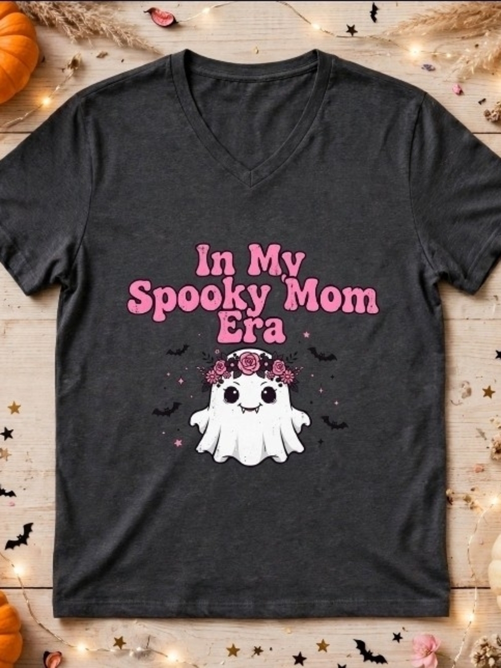Spooky Mom Era T‑Shirt – Charcoal with Pink Graphic Boutique V-neck